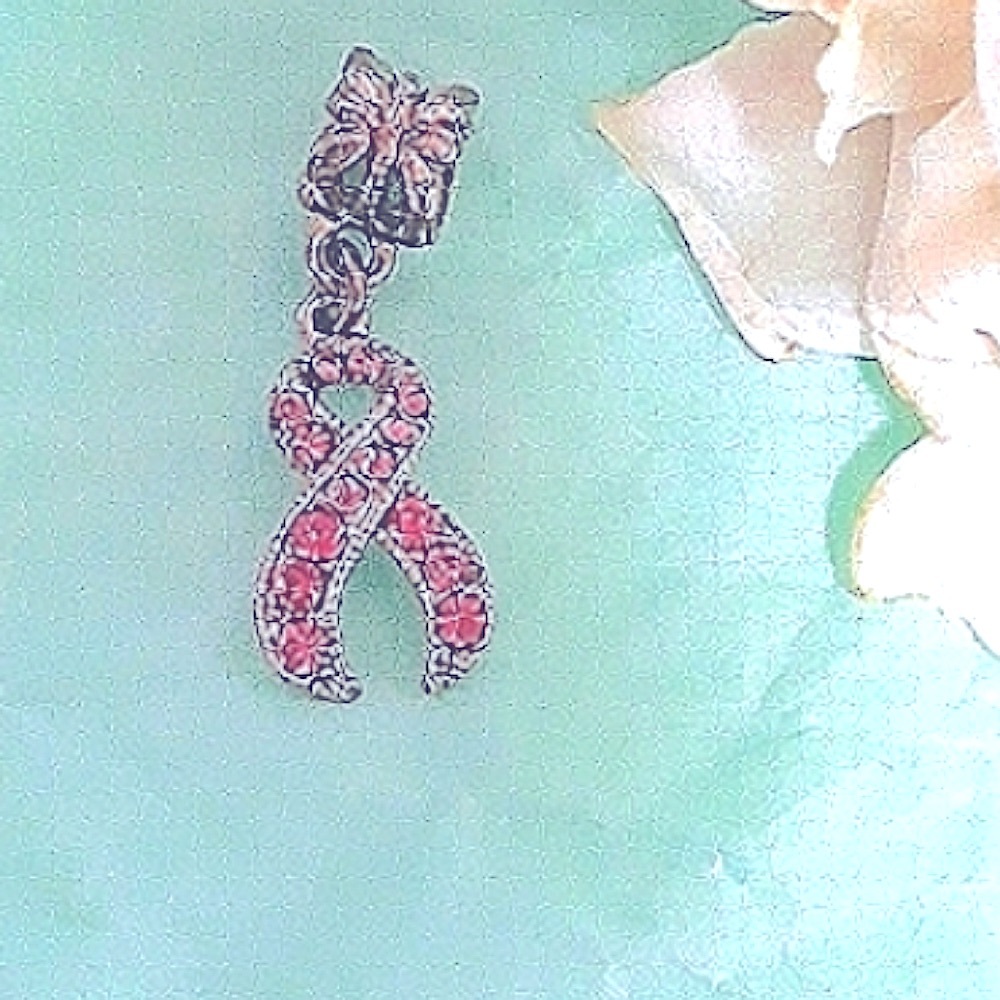 Charm European Antique silver pink crystal Cancer Hope symbol Euro Charm NEW